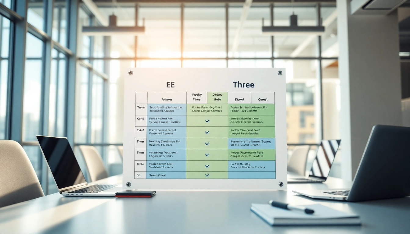 Compare EE vs Three business plans with detailed features in a vibrant office setting.