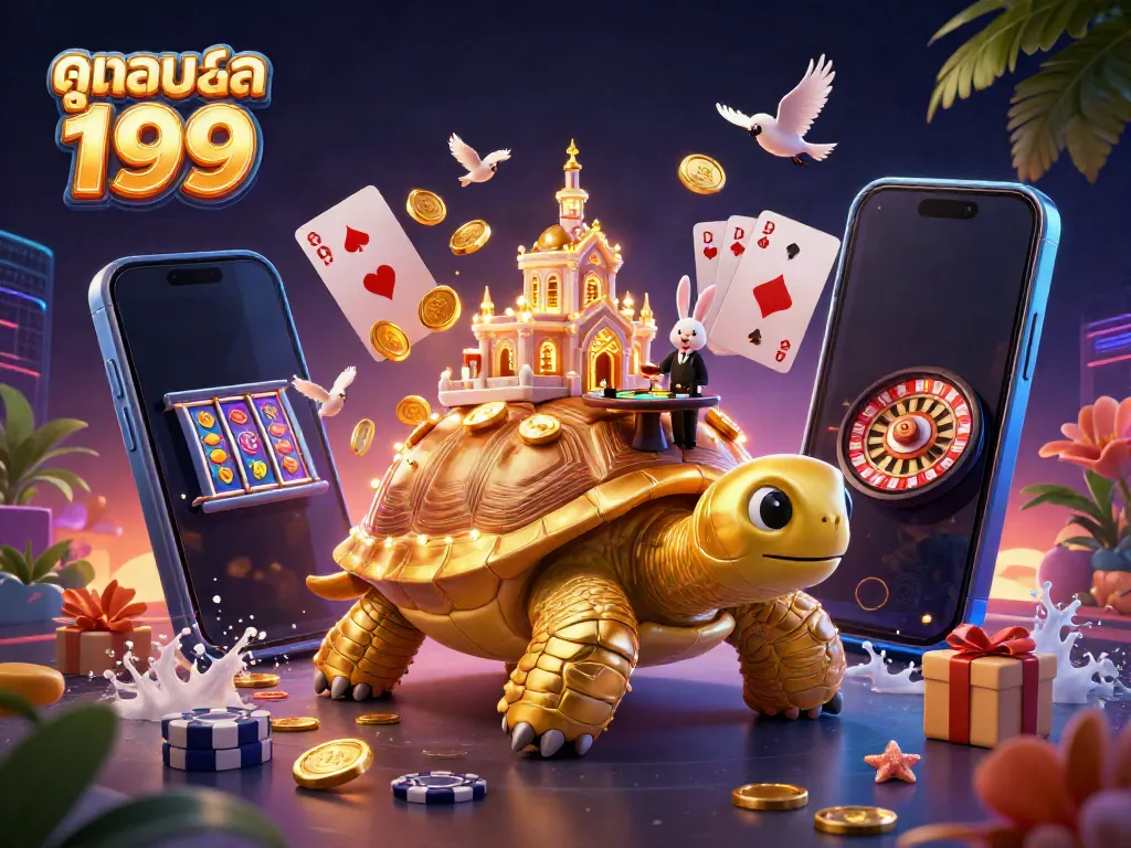 Experience thrilling action with ดูบอลสด 199 as the tortoise and dealer create a vibrant gambling scene.