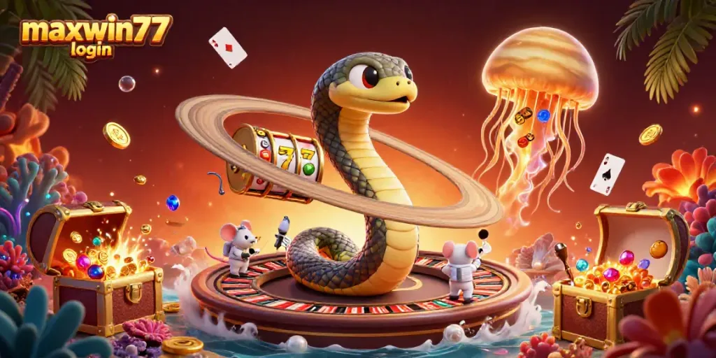 Experience the excitement of the maxwin77 login, featuring vibrant casino elements in a cosmic themed setting.