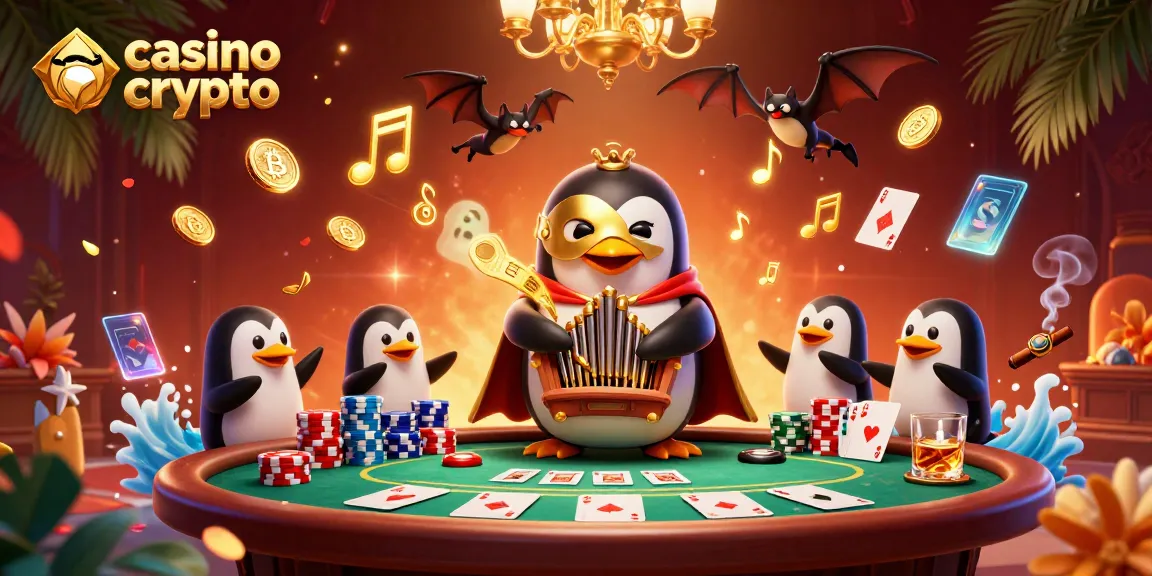 Jouez au casino crypto avec des personnages animés dans un décor flamboyant de poker et de cryptomonnaies.