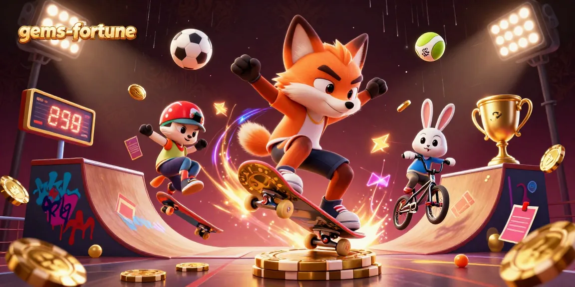 Engage with gems-fortune as animated characters perform dynamic tricks amidst flying casino symbols.
