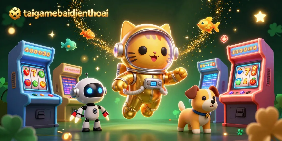 Engage with playful elements of taigamebaidienthoai featuring a golden astronaut cat and a robot dog in a vibrant casino scene.