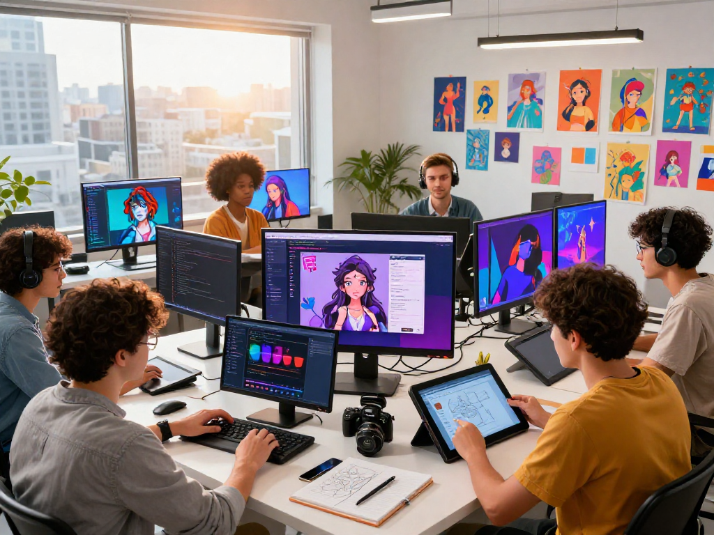 Artists collaborating on hentai ai chat development in a vibrant digital studio.