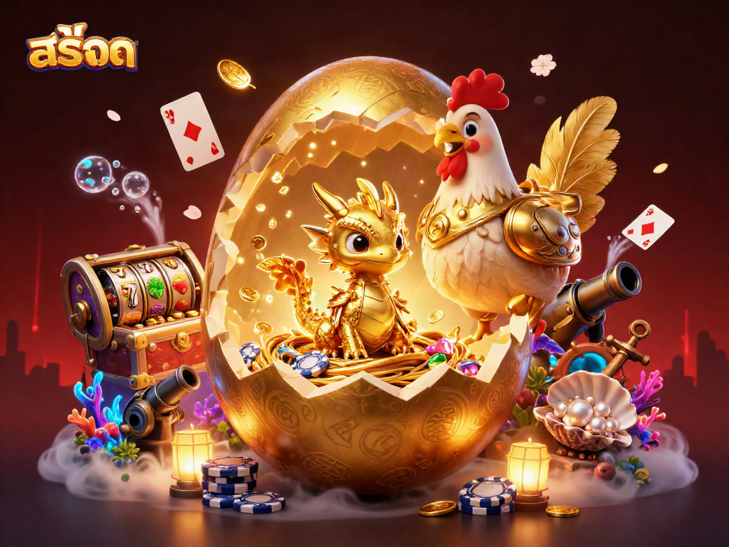 Experience thrilling สล็อต gameplay with a golden baby dragon amidst vibrant casino treasures.