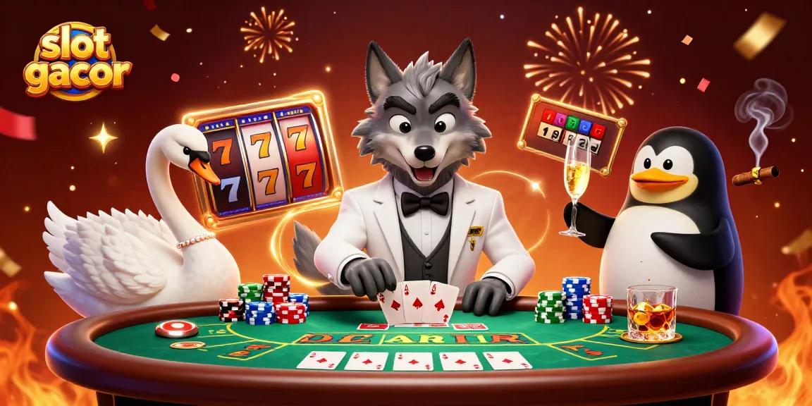 Experience the excitement of slot gacor with this lively illustration featuring a debonair wolf and elegant friends.