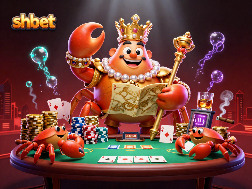 Engage in thrilling shbet casino adventures with a majestic golden crab emperor and vibrant poker scenes.