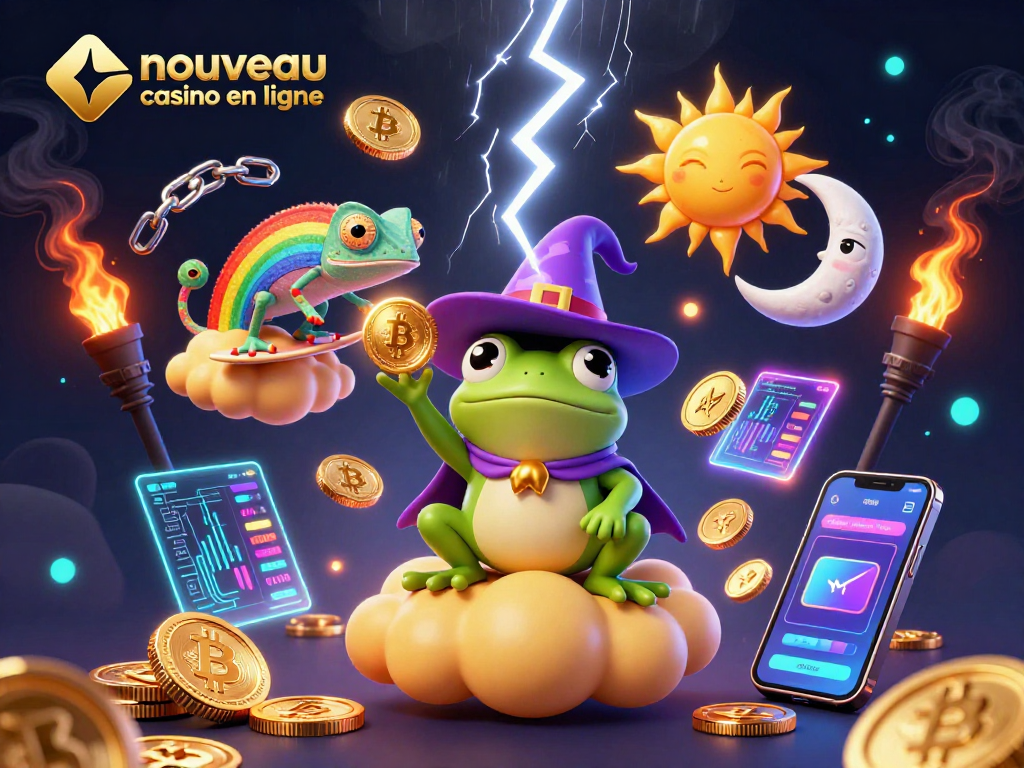 Profitez de l'univers du nouveau casino en ligne avec une œuvre vibrante où un grenouille sorcier fait pleuvoir des pièces d'or.