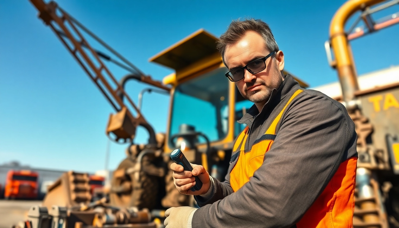 Engage with mobile equipment service offered by a technician in an outdoor industrial setting.