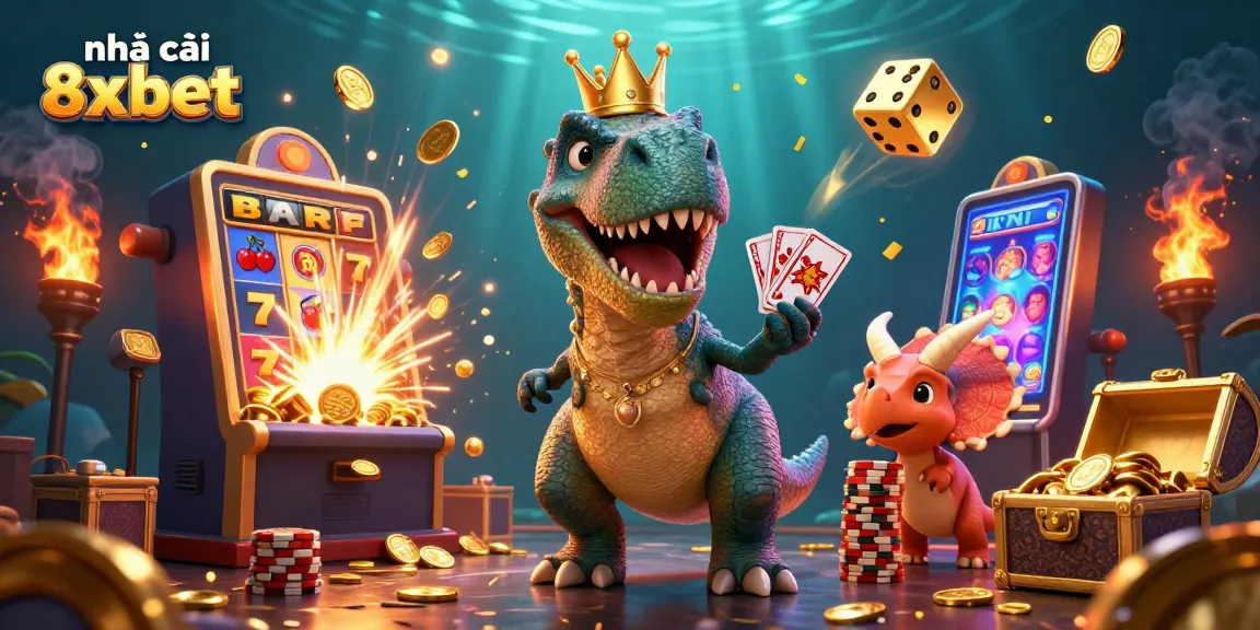 Engaging scene showcasing nhà cái 8xbet with a T-Rex, pterodactyl, and triceratops in a vibrant casino atmosphere.