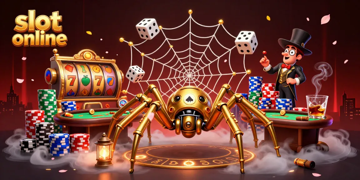 Engage in slot online gaming with vibrant 3D visuals of a golden spider and gambling elements.