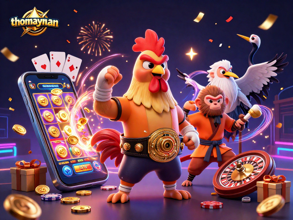 Spin winning reels with thomayman as a fierce rooster, monkey martial artist, and crane master celebrate.