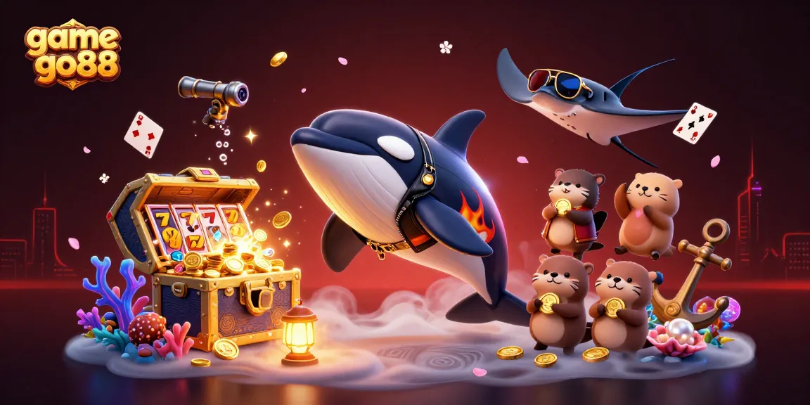 Engage with game go88 in an exciting 3D underwater casino scene featuring an orca and otters.