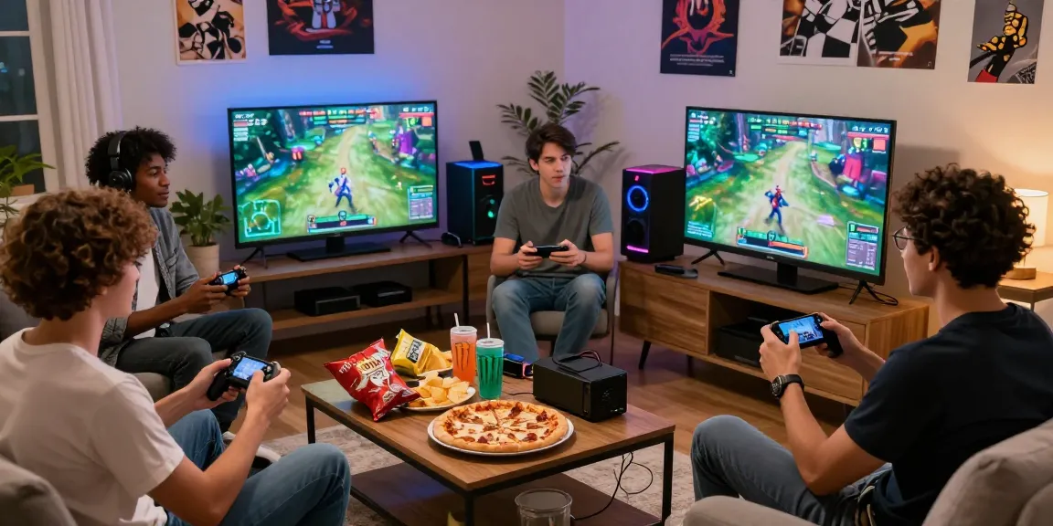 Friends enjoying the mantra88 login experience together, gaming in a cozy living room with snacks and consoles.