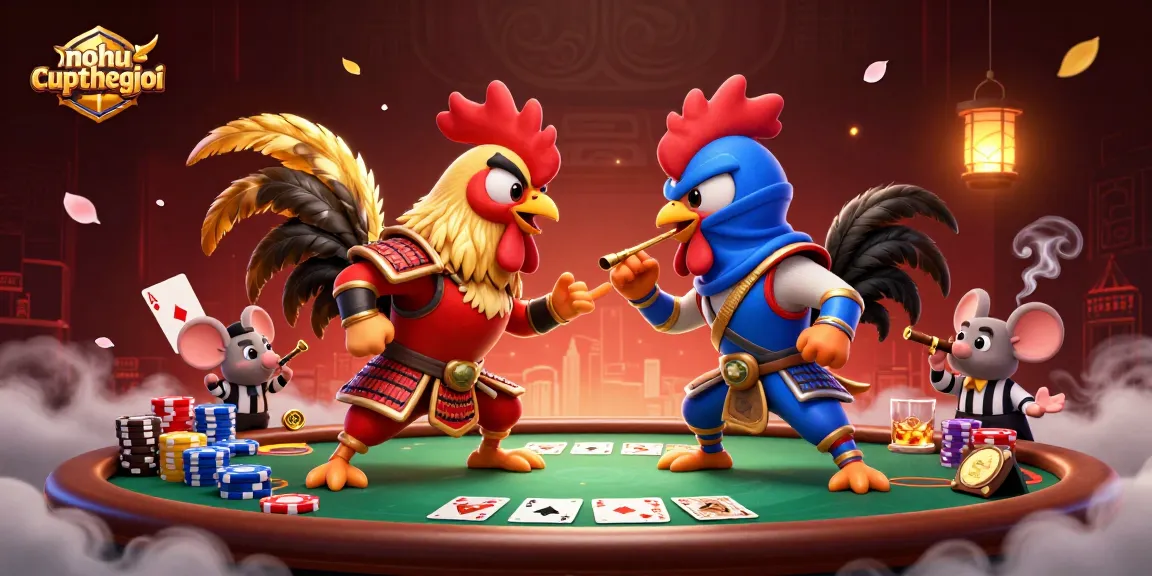 Nohu-cupthegioi showcases an electric stando... 3D fighting roosters in a dramatic poker scene
