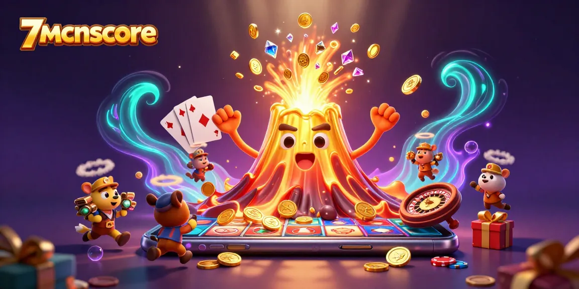 Experience thrilling wins with 7mcnscore as a golden volcano erupts treasures in this vibrant casino scene.