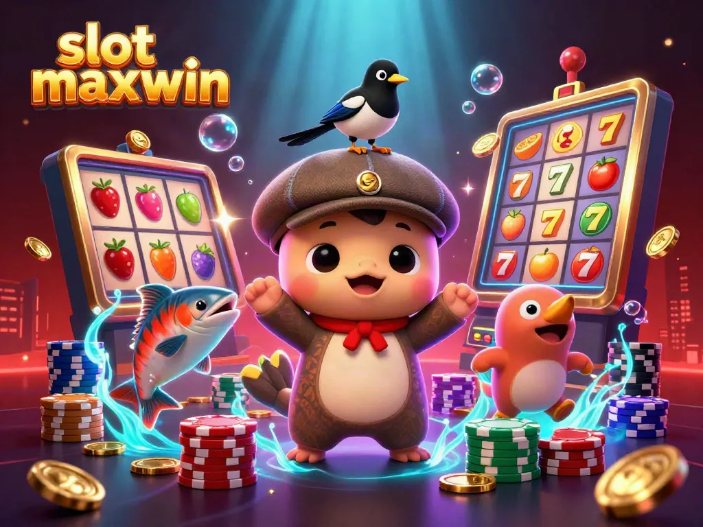 Grafik slot maxwin yang menampilkan karakter lucu dalam suasana penuh keberuntungan dan jackpot menarik.