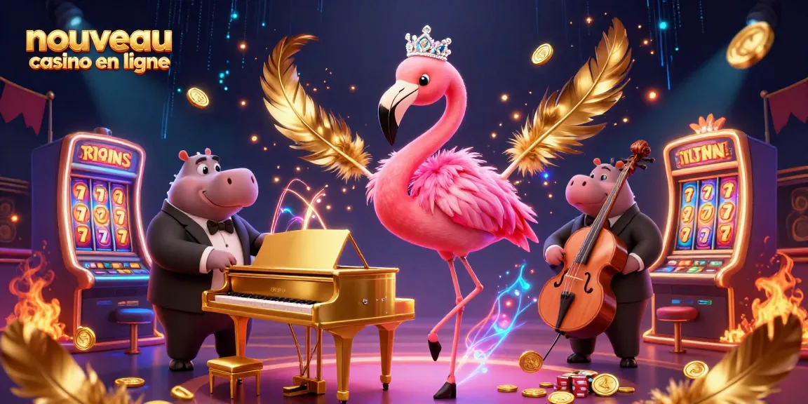 Profitez de l'expérience immersive d'un nouveau casino en ligne avec un flamingo chanteur flamboyant et des machines à sous.