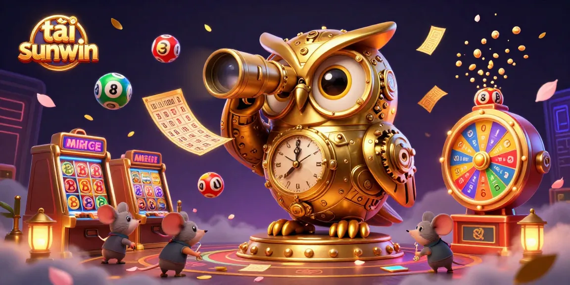 Engage with tải sunwin, where colorful lottery balls and a golden owl highlight the vibrant casino scene.