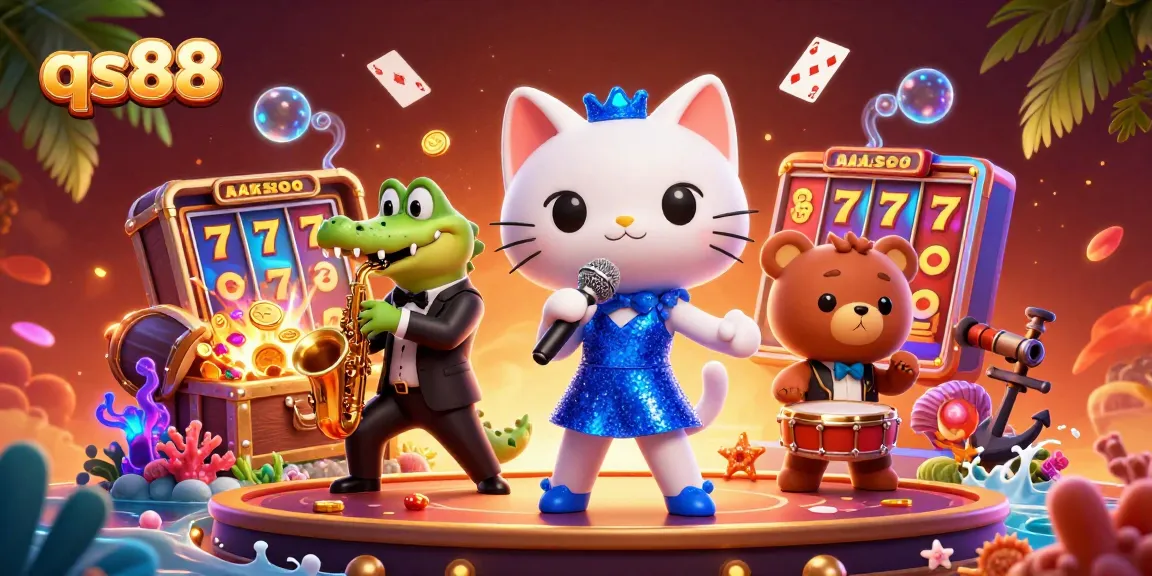 Experience thrilling gameplay with qs88 as a cartoon cat sings on stage, surrounded by casino excitement.