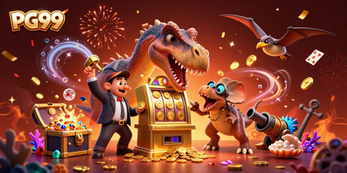 Catch PG99's jackpot coins raining from a slot machine as dinosaur characters interact in a vibrant casino scene.