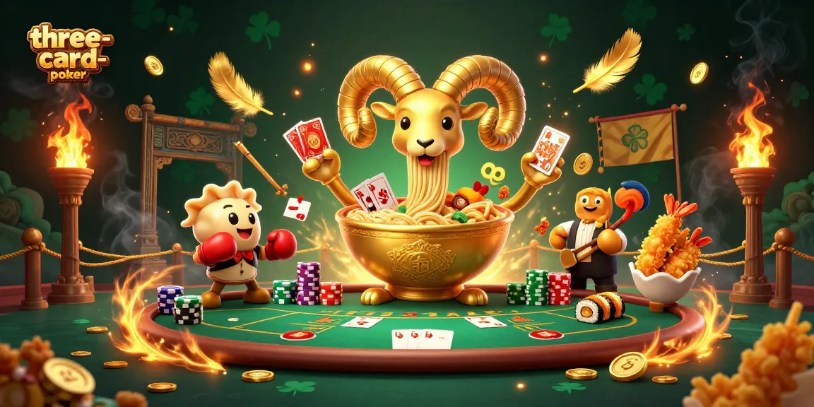 Engage in three-card-poker with vibrant characters and dynamic casino elements, depicting lively gameplay.
