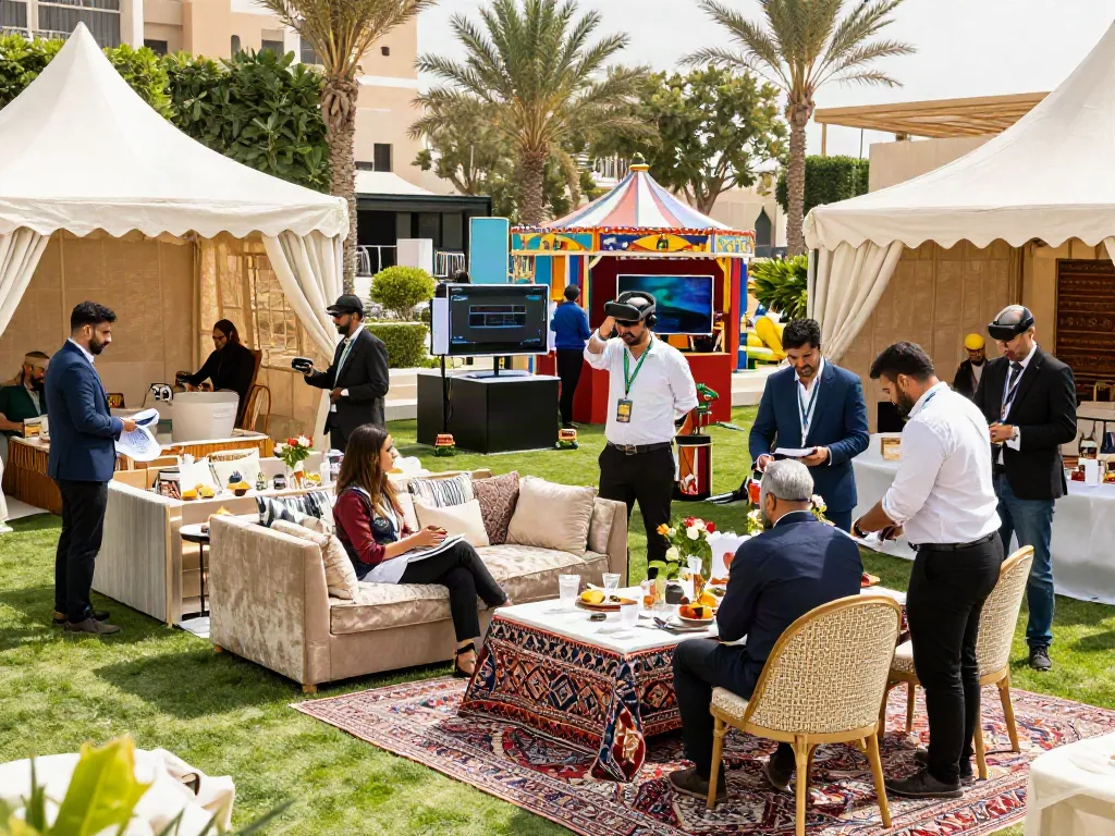 Event rentals showcasing luxurious tents and interactive game stations at a corporate event in Jeddah.
