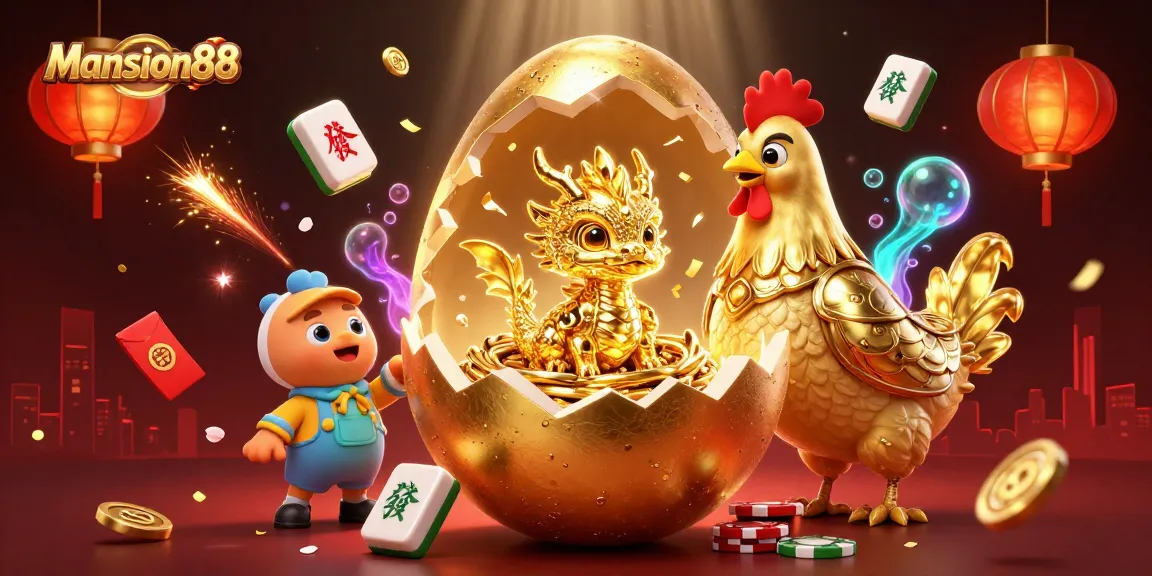 Mansion88 offers a vibrant scene with a golden dragon among poker chips and festive casino elements.