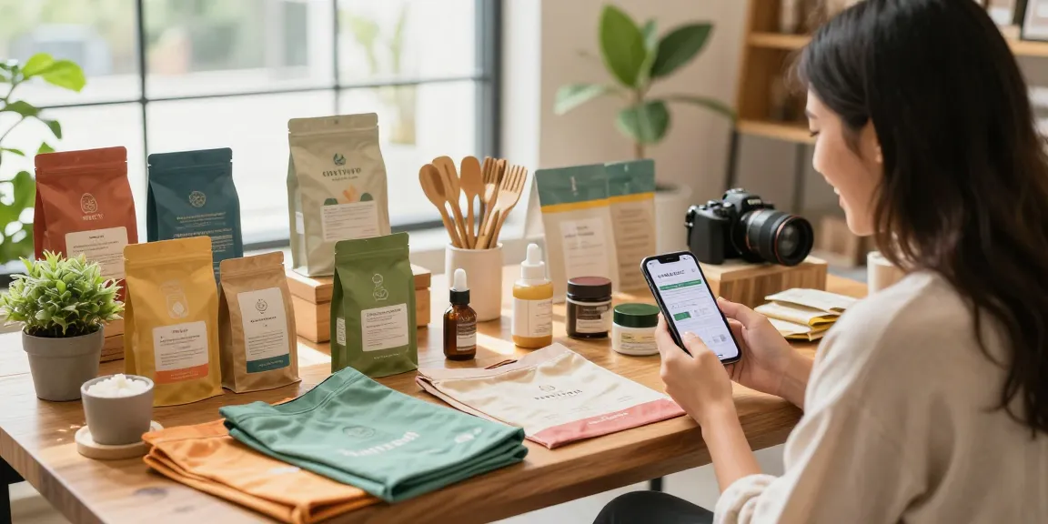 Excited shopper engaging with eco-friendly products from ebbfilter.com, showcasing a beautiful online retail experience.