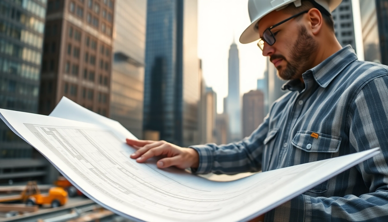 New York construction manager analyzing project blueprints at a busy construction site.
