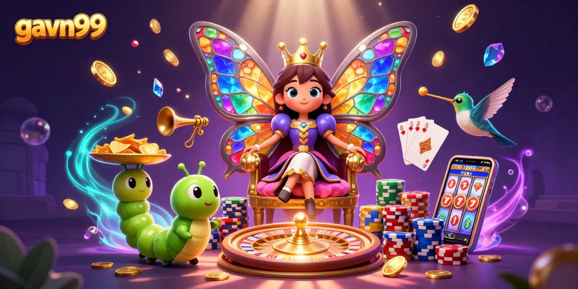 Experience exciting gameplay with the gavn99 butterfly queen and golden casino chips in action.