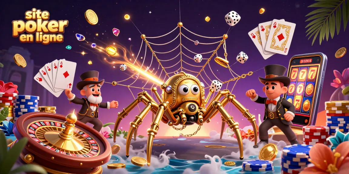 Jouer sur un site poker en ligne où une araignée steampunk capture des dés dans sa toile dorée.